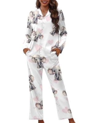 315b5wfcXyL.jpg Two Piece Pajama Set Long Sleeve Loose Fit Collar Neck Novelty Pattern Mans Womens Loungerwear Set with Pocket