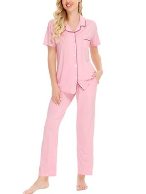 3176aMSGHDL.jpg Women Pajama Sets Two-Piece Nightwear Short Sleeve Sleepwear Button Down Pj Lounge Sets with Long Pants