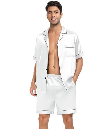 31CraCZ18L.jpg Couple Silk Satin Pajama Set Women & Men Short Sleeve 2pc Pjs Button Down Sleepwear Loungewear