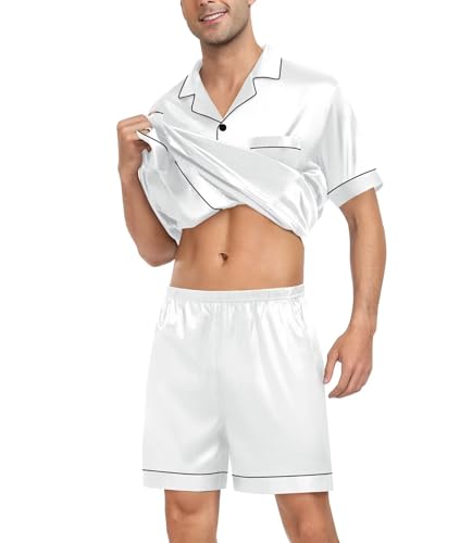 31Czvjh8PfL.jpg Couple Silk Satin Pajama Set Women & Men Short Sleeve 2pc Pjs Button Down Sleepwear Loungewear