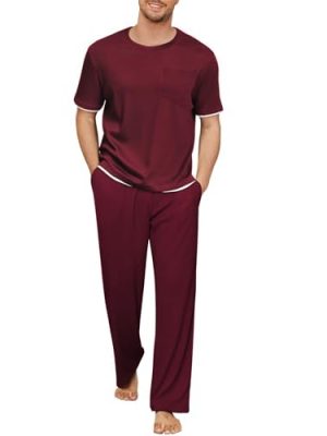 Mens Pajamas Set Waffle Crew Neck Loungewear Cozy Sleepwear Short Sleeve Top and Long Pants Pj Set with Pockets