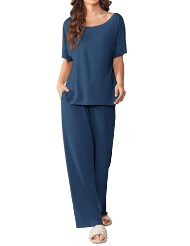 Lounge Sets for Women Casual Short Sleeve Pullover Tops Pocketed Comfy Wide Leg Pants