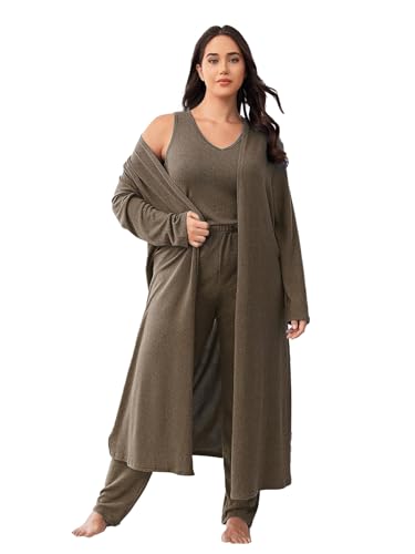 plus size 3 Piece Casual Cardigan Vest Pants Set, Women's Pajama Loungewear Set Casual Homewear Set