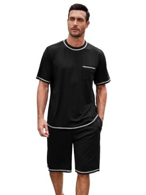Mens Pajama Set, Soft Short Sleeve Lounge Set Pullover Pjs 2 Piece Outfits with Pocket