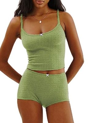 Women Floral Pajama Set Spaghetti Strap Lace Cami Crop Tops and Shorts Knit Lounge Set 2 Piece Outfits