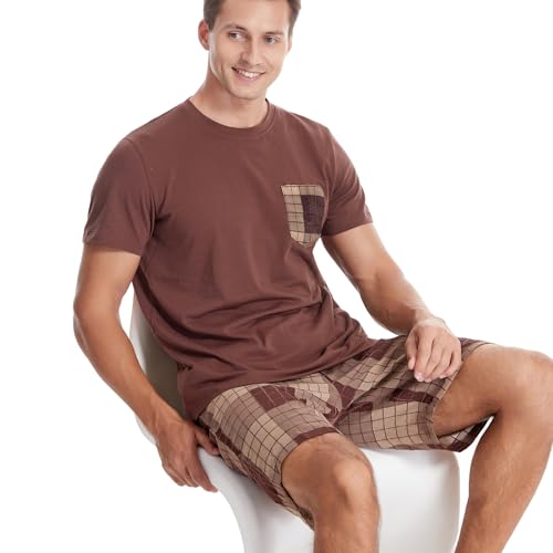 Men's Short Sleeve Pajama Set with Pockets 2-Piece Nightwear for Summer Lightweight Men's PJS