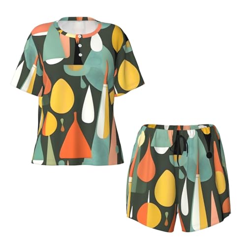 416ikh5QgTL.jpg Mid Century Modern Retro With Drop Shapes Print Two Piece Short Set For Women Crew Neck Sleeve Top And Shorts Soft