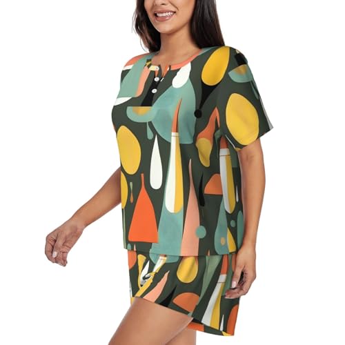 419-gRzPUIL.jpg Mid Century Modern Retro With Drop Shapes Print Two Piece Short Set For Women Crew Neck Sleeve Top And Shorts Soft