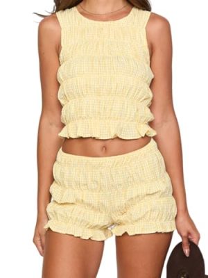 Women Two Piece Summer Outfits 2Pcs Pajamas Set Sleeveless Smocked Shirred Tank Top Pleated Shorts Beach Set