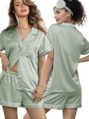 5Pcs Womens Soft Satin Pajama Set XS-4XL Button-Down Silk Pajamas Floral Sleepwear Bridal Pjs Lounge Pj Sets