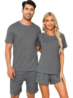 Matching Pajamas for Couples Ribbed Knit Lounge Set Soft Short Sleeve 2 Pieces Sleepwear S-XXL