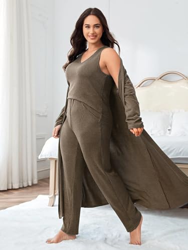 plus size 3 Piece Casual Cardigan Vest Pants Set, Women's Pajama Loungewear Set Casual Homewear Set