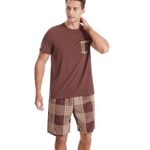 Men's Short Sleeve Pajama Set with Pockets 2-Piece Nightwear for Summer Lightweight Men's PJS