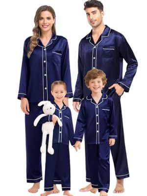 Family Matching Pajama Set Women/Men/Kids Satin Pajamas Long Sleeve Sleepwear Button Down Loungewear 2 Pcs Pj Set