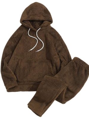Women's Fuzzy Fleece Pajamas Sets Loungewear Long Sleeve pocket Casual Hoodies and Pants Set 2 Piece Fluffy Sleepwear