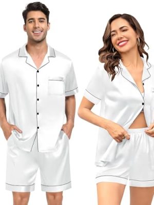 Couple Silk Satin Pajama Set Women & Men Short Sleeve 2pc Pjs Button Down Sleepwear Loungewear