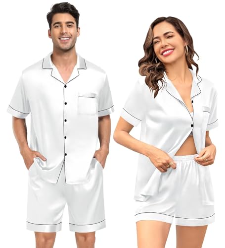 41YefBsLklL.jpg Couple Silk Satin Pajama Set Women & Men Short Sleeve 2pc Pjs Button Down Sleepwear Loungewear