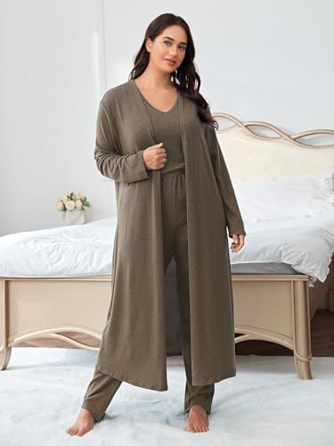 plus size 3 Piece Casual Cardigan Vest Pants Set, Women's Pajama Loungewear Set Casual Homewear Set