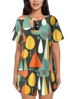 Mid Century Modern Retro With Drop Shapes Print Two Piece Short Set For Women Crew Neck Sleeve Top And Shorts Soft