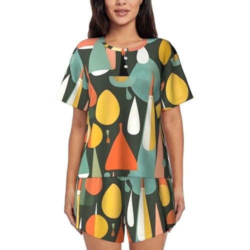 41ZMcFWMYL.jpg Mid Century Modern Retro With Drop Shapes Print Two Piece Short Set For Women Crew Neck Sleeve Top And Shorts Soft