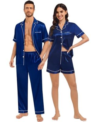 Matching Pajamas for Couples Satin Short Sleeve Sleepwear Women/Men Silk Soft Button Down Nightwear 2 Pcs Loungewear (Women,