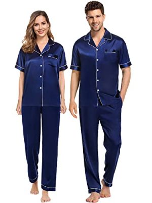 Couples Pajamas Sets Women & Men Satin Short Sleeve Sleepwear Button Down Loungewear Pjs Set with Long Pants