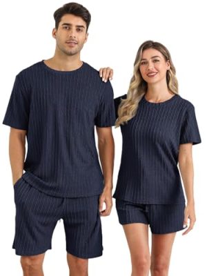 Women Pajama Set Casual Short Sleeve Summer Two Piece Lounge Set Knit Homewear Navy Blue