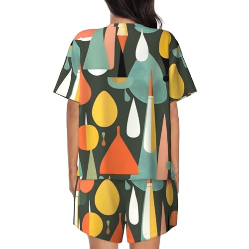 41mLhI9gvmL.jpg Mid Century Modern Retro With Drop Shapes Print Two Piece Short Set For Women Crew Neck Sleeve Top And Shorts Soft