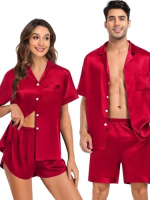 Couple Satin Matching Pajamas Sets Women & Men Short Sleeve Sleepwear Silk Button Down Nightwear 2 Pieces Loungewear