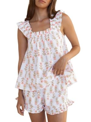 Summer PJs for Women Set, Womens Floral Pajama Set Trim Cami Top and Shorts 2 Piece Sleepwear Set