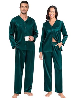 Family Matching Pajamas Sets for Women & Men Couples 2 Pcs Silk Satin Pjs Sets Button-Down Sleepwear Soft Loungewear