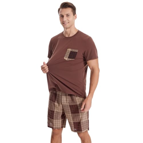 Men's Short Sleeve Pajama Set with Pockets 2-Piece Nightwear for Summer Lightweight Men's PJS