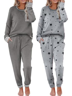 2 Pack Womens Pajama Sets Long Sleeve Lounge Sets Soft Pj Sleepwear Loungewear