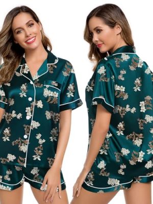 51OW4-5mcaL.jpg Womens Silk Satin Pajamas Short Sleeve Loungewear Two-Piece Sleepwear Button-Down Pj Set