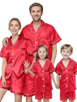 Matching Family Silk Pajamas Set Satin Button Down Loungewear 2 Piece Top and Shorts Pjs for Couples with Pocket